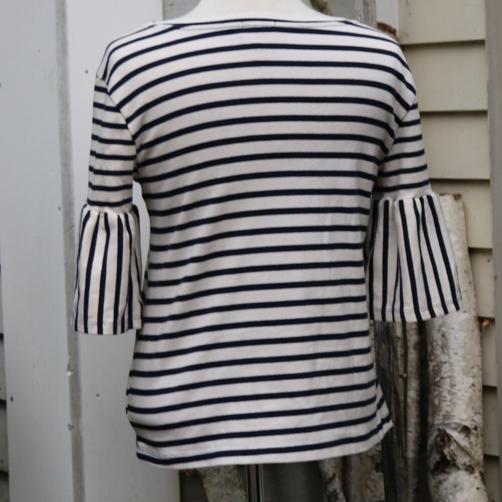 W5 for Anthropologie Blue White Stripe 3/4 Ruffle Sleeve Knit Top Sz SMALL - Picture 5 of 6